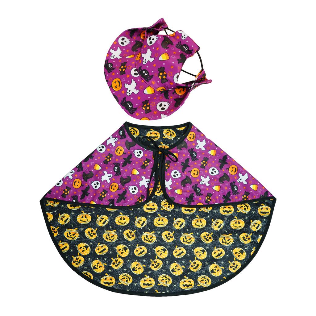 Halloween Pet Costume Set Dog Cat Pumpkin Bat Print Scarf Cape with Hat Adjustable Cosplay Clothes for Party