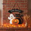 Hand Painted Wall Art Halloween Wooden Hanging Sign, Rustic Ghost Bat Black Cat Witch Hat Decor, Vintage Style Decor Spooky Pendant with Hemp Rope for