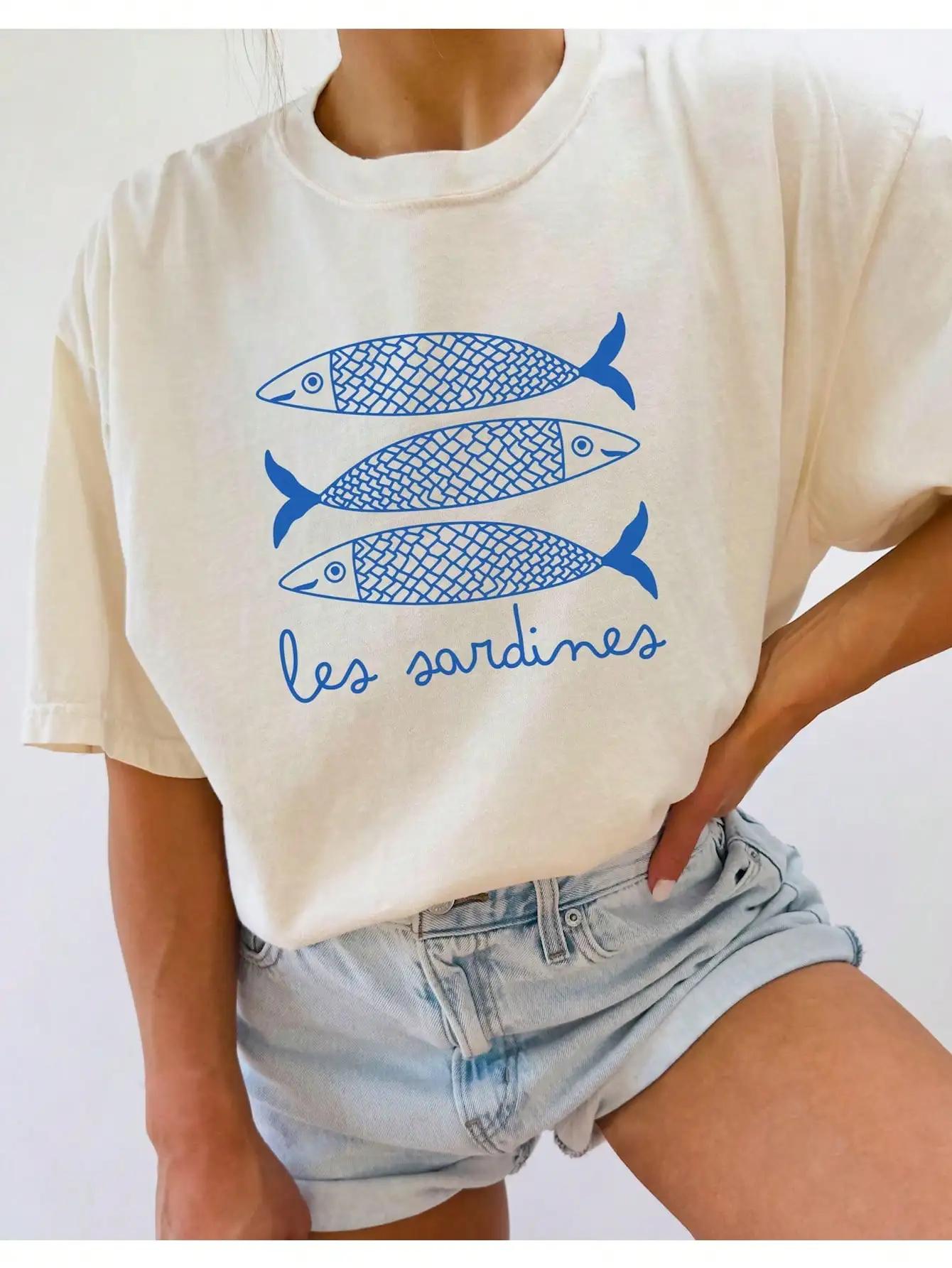 

INAWLY Sardine Print Women T Shirt Canned Fish Casual Shirt Tomato Girl Coastal Summer Girl Fashionable Casual T-shirt M