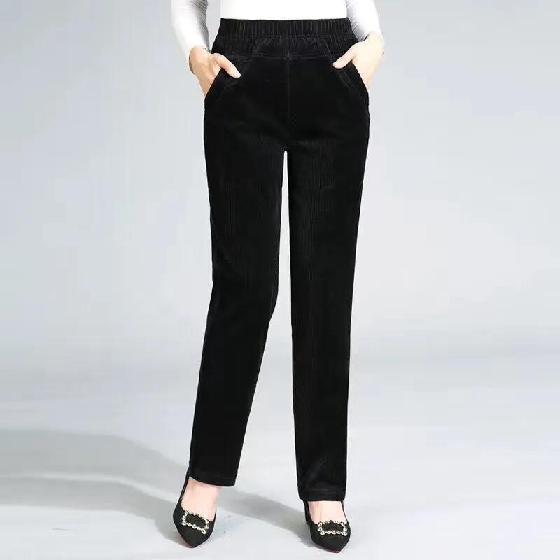 Spring Fall Elastic High Waist Straight Trousers Women Classic Black Pantalones De Mujer Mother's Casual Brown Corduroy Pants