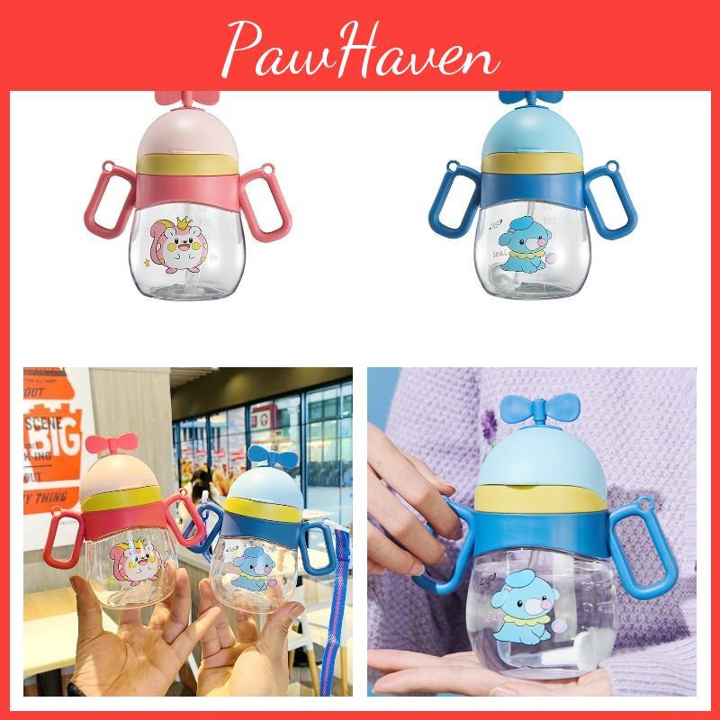 New Cartoon Handle Children's Plastic Straw Cup 360ml Ideal For Kindergarten With Shoulder Strap Pink/blue