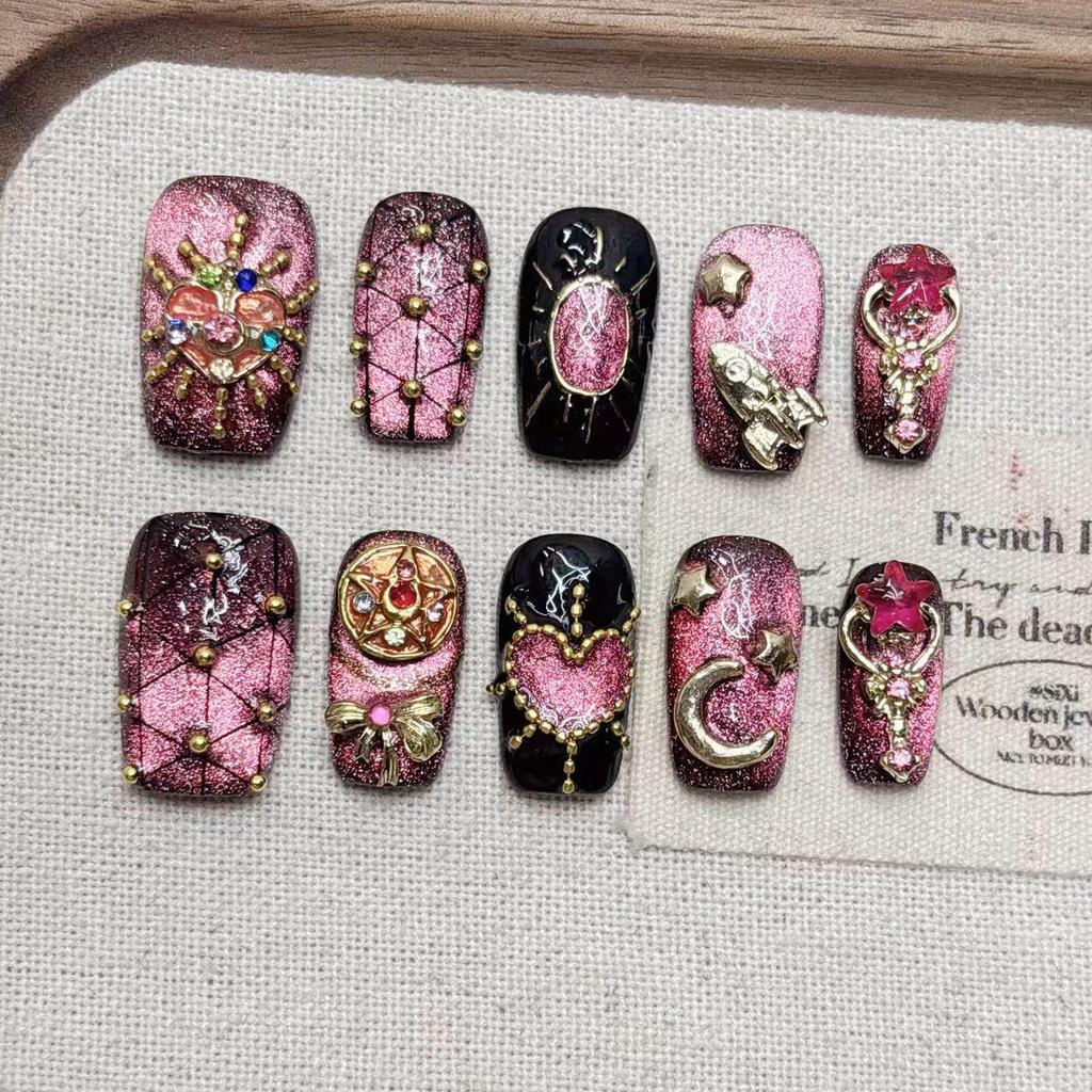 Gradient Cat Eye Purple Sailor Moon Fake Nail Tips - Medium Length Pointed Manicure, Pure Handmade Wearable Nails