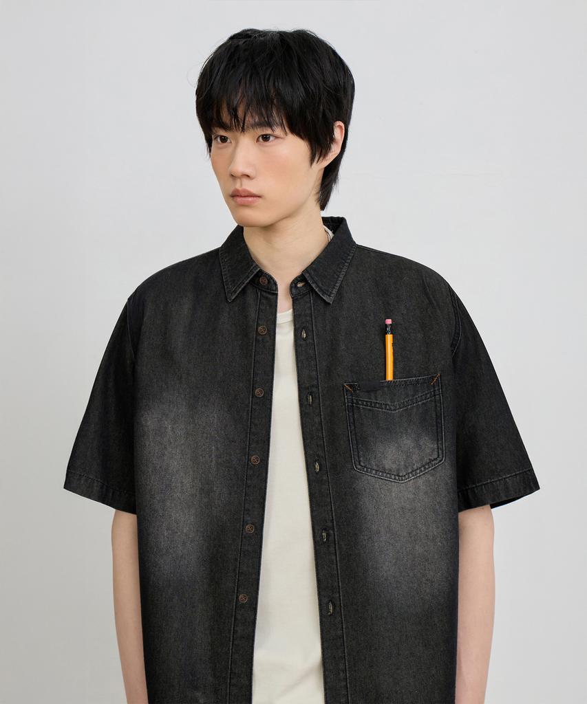 Dimiteulibeullaeg Bio-Washed Crop Denim Short Sleeve Shirt_2 Color