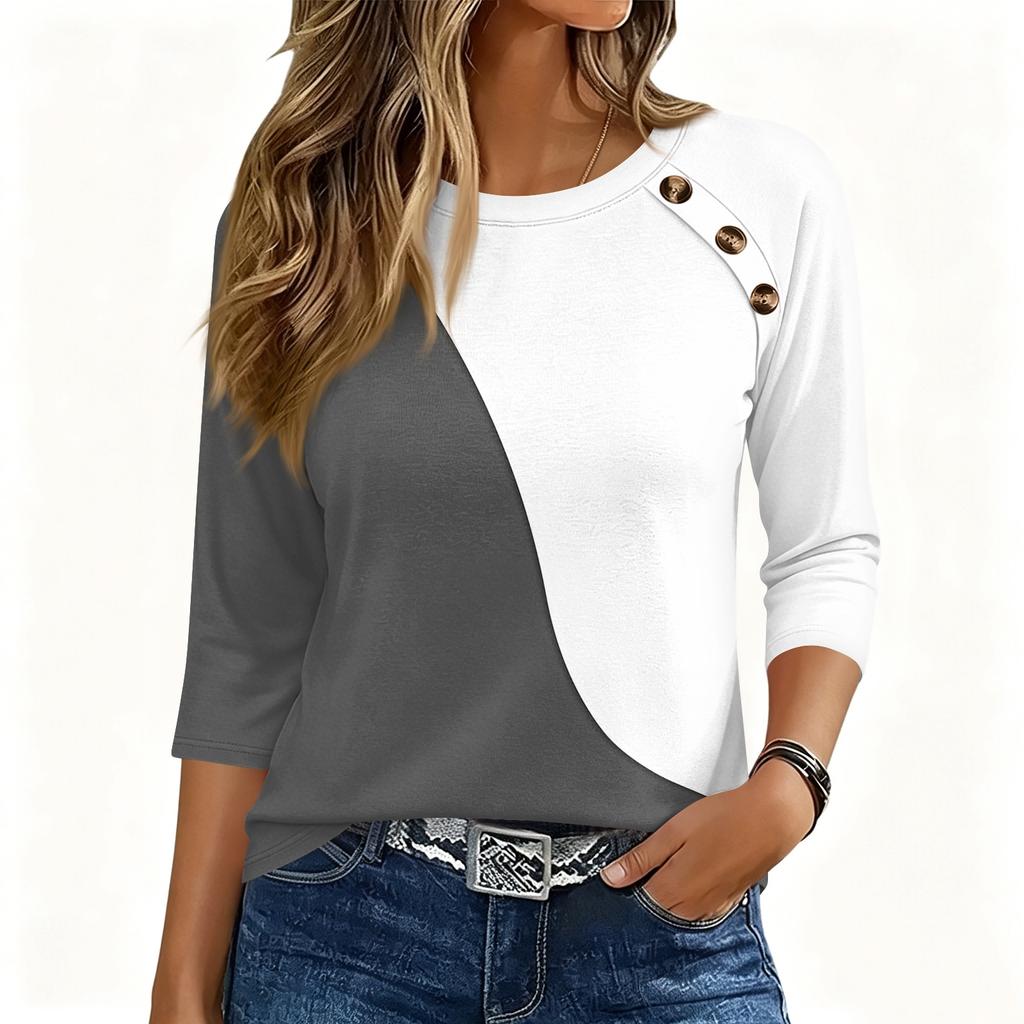 Women 34 Sleeve Crew Neck Button Decor Top Geometric Pattern Casual Loose Fit Blouse for Daily Wear Office Travel