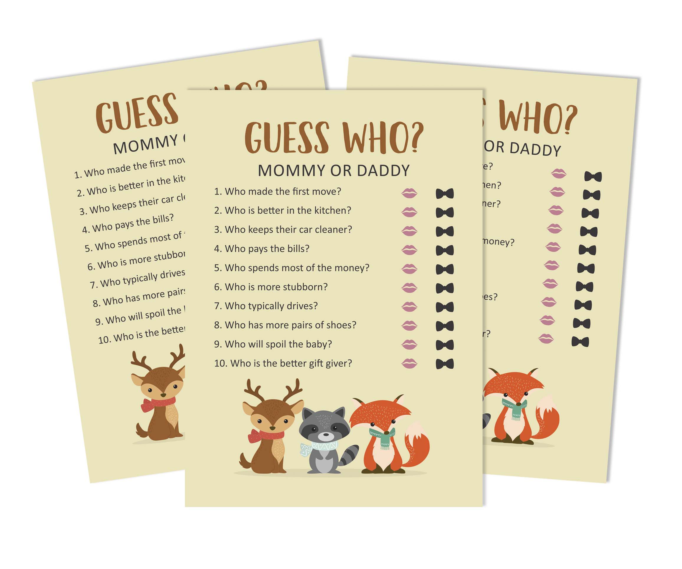 

Inkdotpot Mommy Or Daddy Who Said it Game Gender Neutral Winter Animals Set of 50 Fun Baby Shower Game Party Supply 5 x 7 Inches бежевий