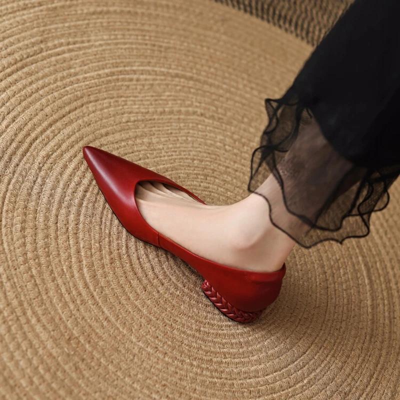 Fashion NEW Autumn/Spring Women Pumps Genuine Leather Shoes for Women Pointed Toe Low Heel Shoe Concise Slip-on Plus Size Handmade Shoes
