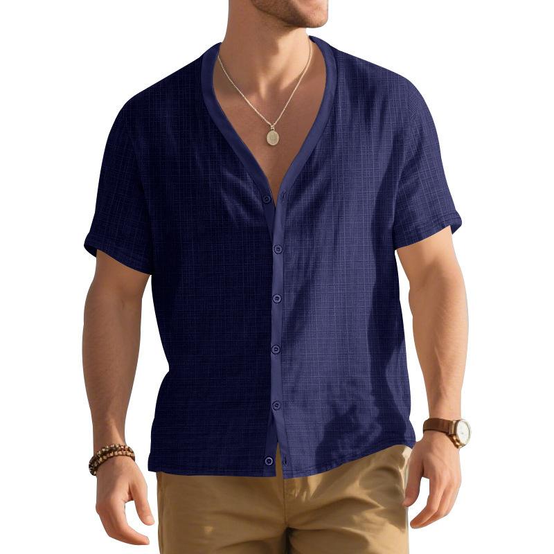 Men's Summer Short-sleeved Henry Shirt Loose Casual Trendy Button Cardigan T-shirt Solid Color Versatile