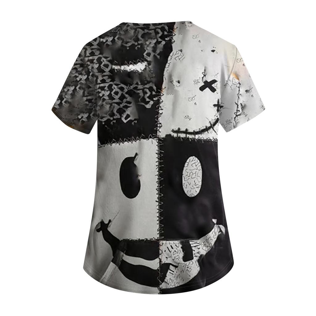 Women's Fashion Short Sleeve Halloween Print V-Neck Pocket Workwear Tops