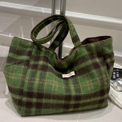 2025 Autumn Retro Suede Shoulder Bag Casual Woolen Plaid Double-sided Tote Bag Korean Casual Class Bag