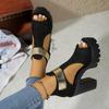Plus Size Women'S Fashion Platform High Heel Sandals - Elegant Black Thick Sole Slip-On Dress Shoes with Golden Buckle Straps, Comfortable