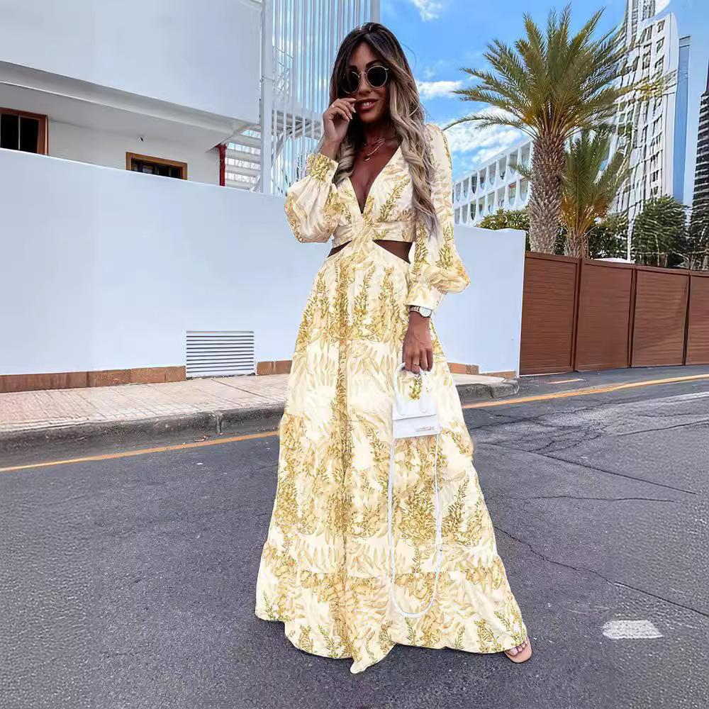 Spring Long Dress Fashion Print Sexy Deep V-neck Long Sleeved Dress Women's Elegant Hollow Out Ruffle Spliced Maxi Dress