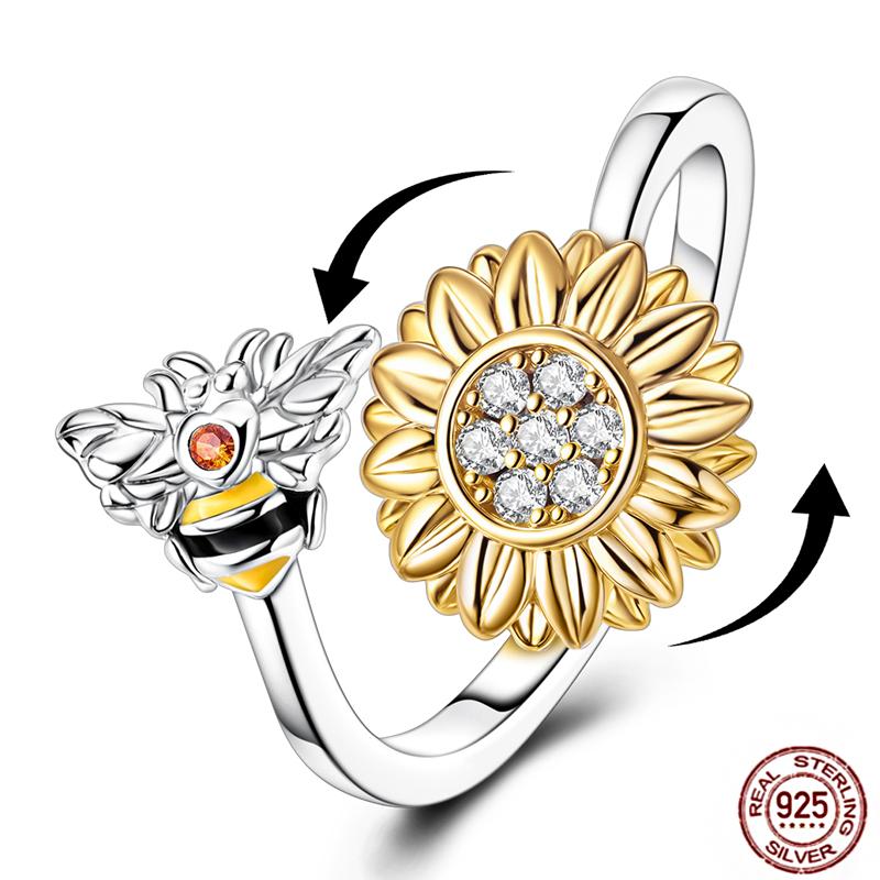 Free Size 925 Sterling Silver Ring Butterfly Sun Moon Sunflower Crystal Original Adjustable Rings for Women Wedding Jewelry Gift