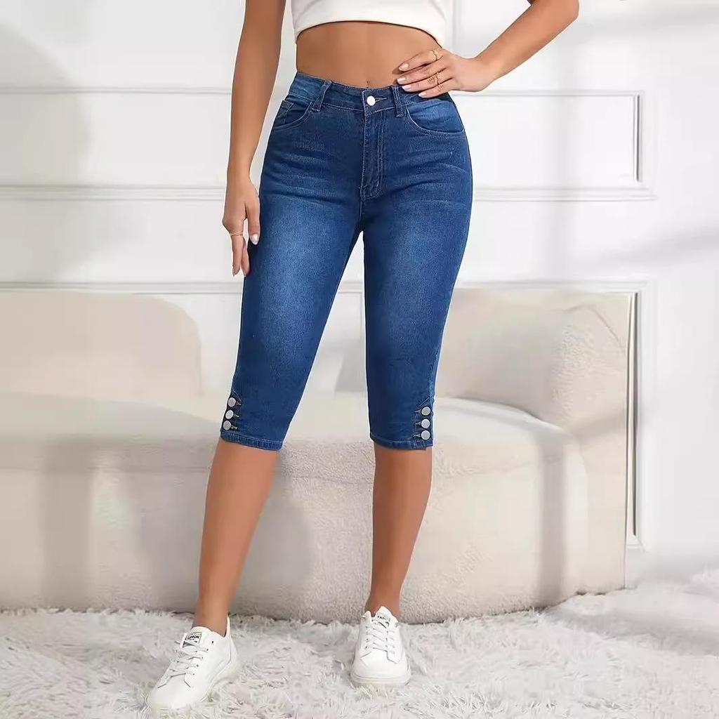 Women's Plus Size High Waist Stretch Skinny Jeans - Button-Up, Solid Color, Casual Summer Street Fashion Shorts