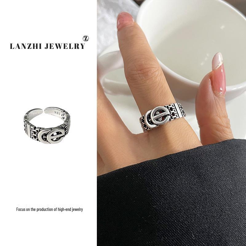 

Lan Zhi 925 Sterling Silver Letter Niche Open Ring - Korean Style, Non-Fading, Trendy Design for Women. Adjustable Open Ring