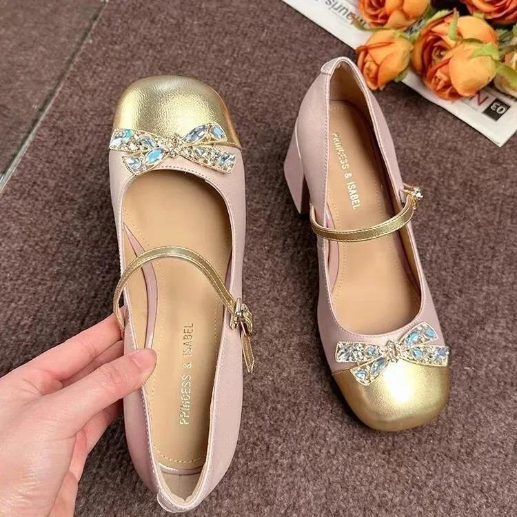 Luxury Sparkling Rhinestone Designer Mary Jane Shoes  Sweet Bow Color Block Buckle Lolita Shoes Party Banquet Women's Shoes