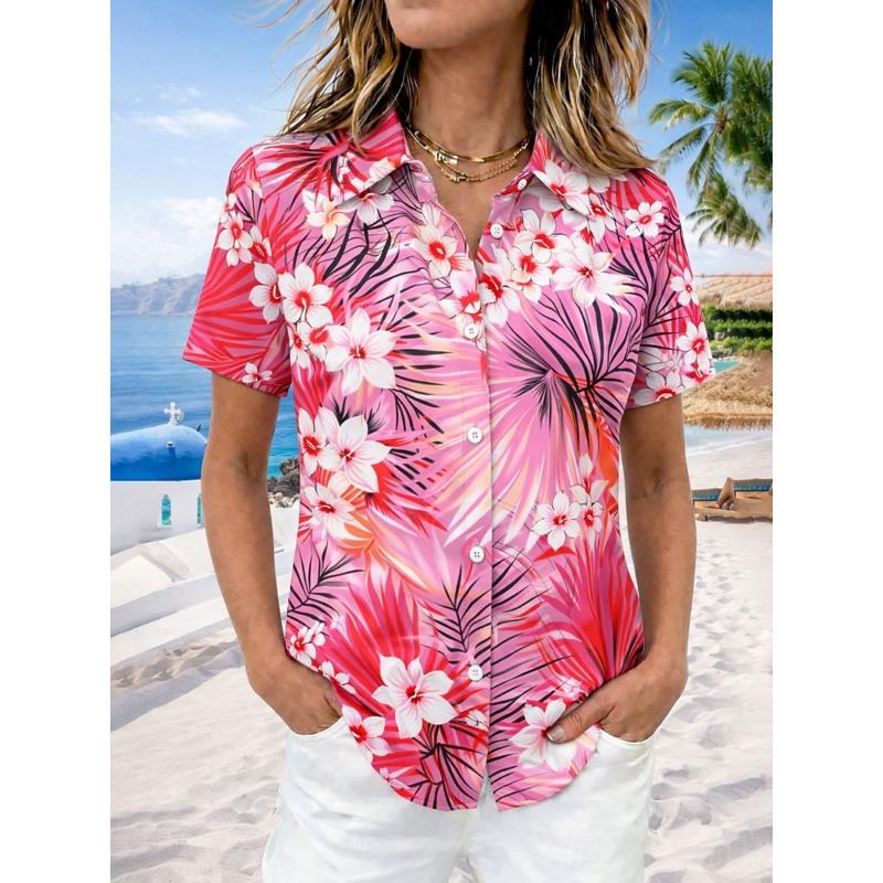 Women's Hawaiian Rainbow Flower Palm Tree Print Lapel Shirt Short Sleeve Button Down Casual Tops Summer Beach Wear Lightweight