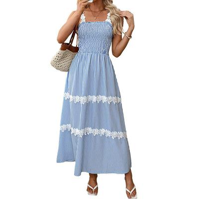 Women's Summer Striped Maxi Dresses Spaghetti Strap Square Neck Sleeveless Smocked Flowy Vacation Beach Sundress