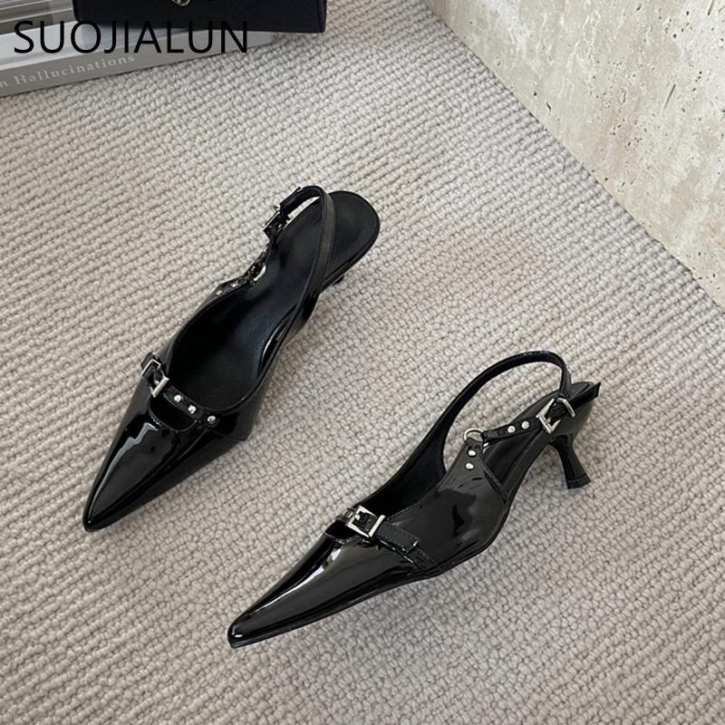 Fashion SUOJIALUN New Brand Women Sandal Shoes Fashion Pointed Toe Shallow Ladies Elegant Slingback Shoes Shallow Dress Pumps Shoes