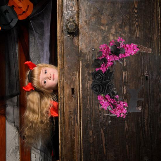 Halloween Wreath for Front Door Black Cat Moonlight Garland LED Lights Door Decor with Purple Flowers Indoor Outdoor Spooky Party Decoration