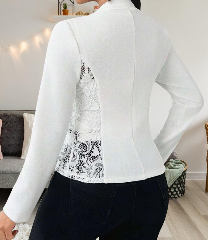 Jesień Zima Nowy Modny Jednolity Kolor Koronka Temperament Eleganckie Łączenie Otwarty Kołnierz Slim Fit Długi Rękaw Damski Płaszcz