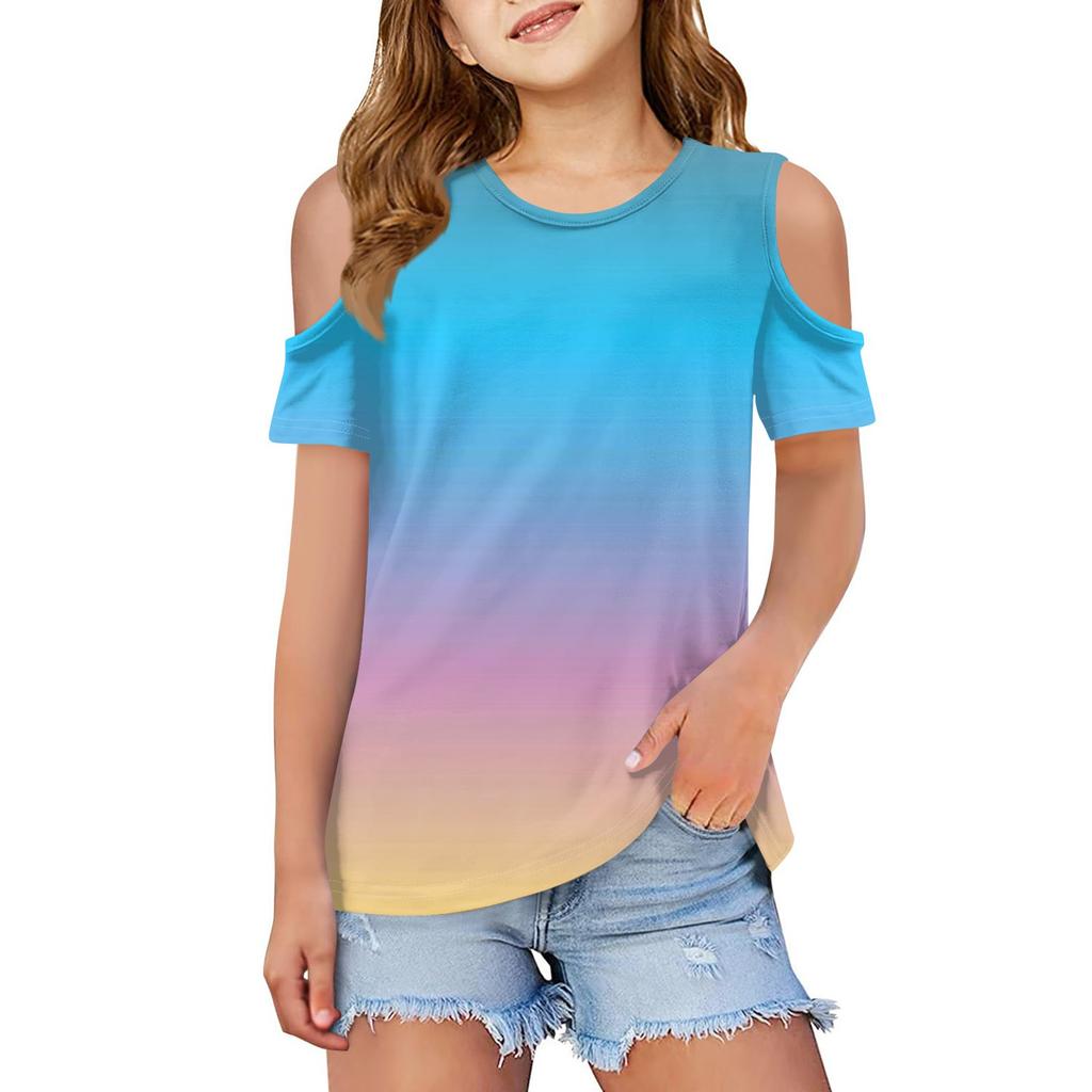 Children summer fashion T-shirt dew shoulder round collar gradient leisure coat