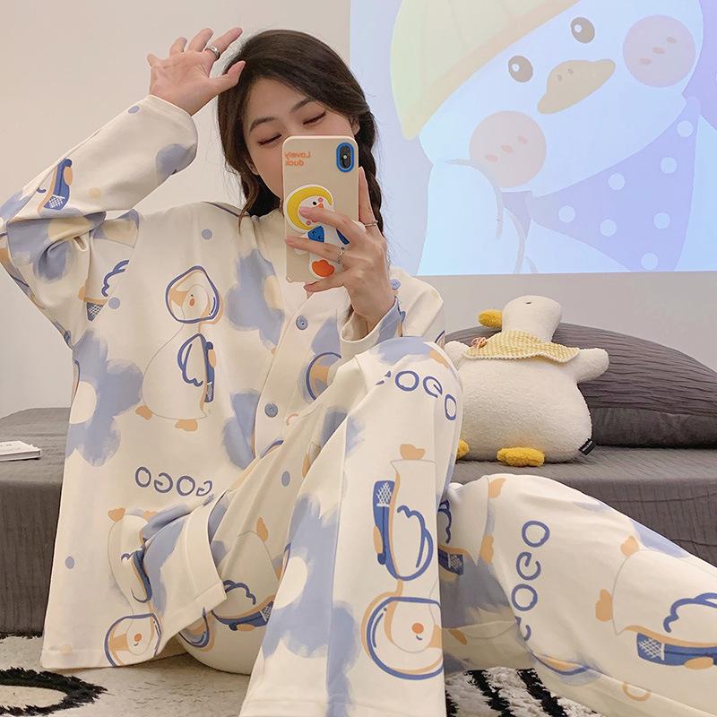 New Style Pajamas for Women in Spring and Autumn, Long Sleeved Pants, Loose Cardigans, Cartoon Home Clothes