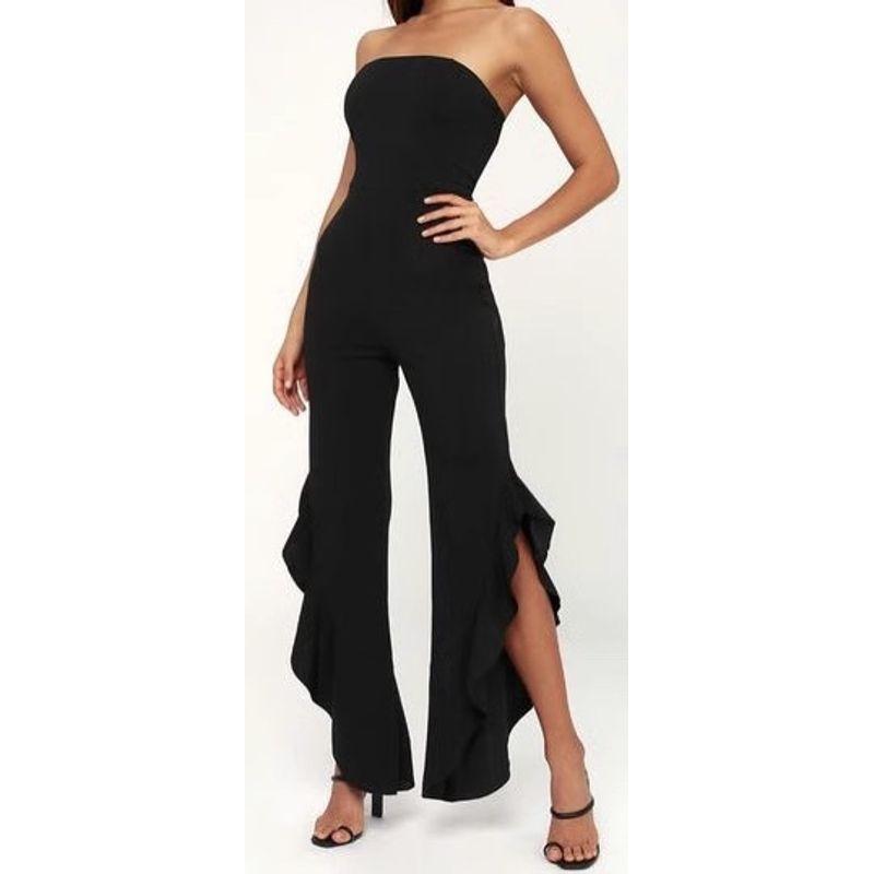 

Заказ внешней торговли Сексуальный комбинезон с запахом в стиле гяру от Лу, темпераментный, элегантный, как королевская сестра, в стиле Хепберн, черный, с оборками, с разрезом, для яркой личности Black L