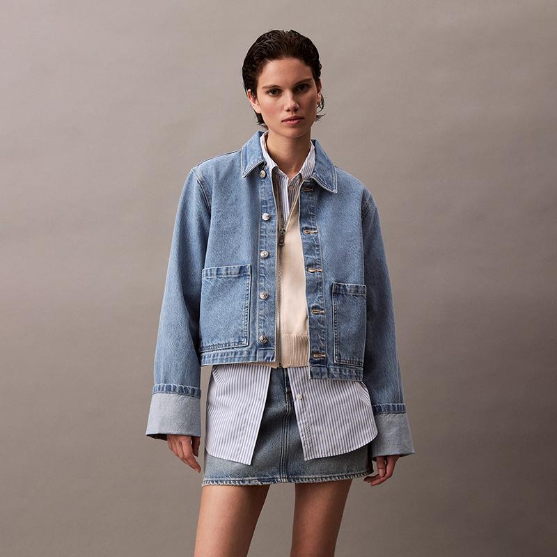 Calvin Klein Trendy Rolled Cuff Cotton Denim Jacket Women Jackets Light-Blue 44B742G