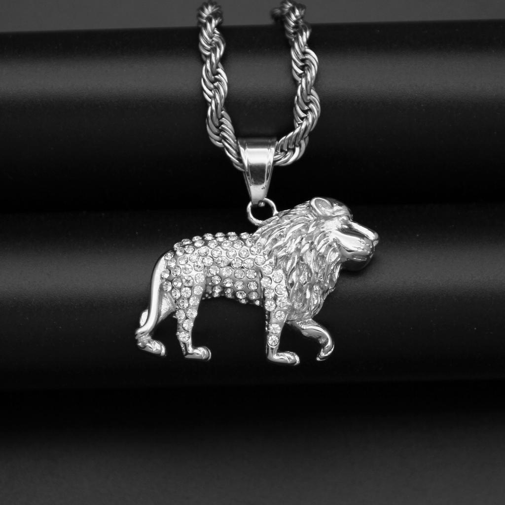 New Classic Punk Gold Plated Lion Pendant Necklace with Rhinestone Men's High Quality Metal Rock Party Jewelry