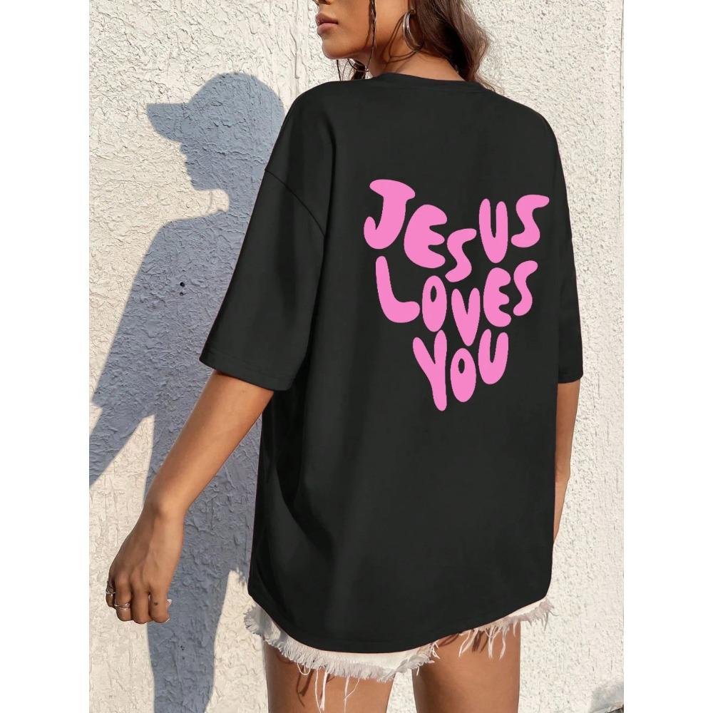 Jesus Loves Me Letter Prints Female Cotton T-Shirts Fashion O-Neck Oversize Tops Casual Loose Soft Short Sleeve Women Clothing