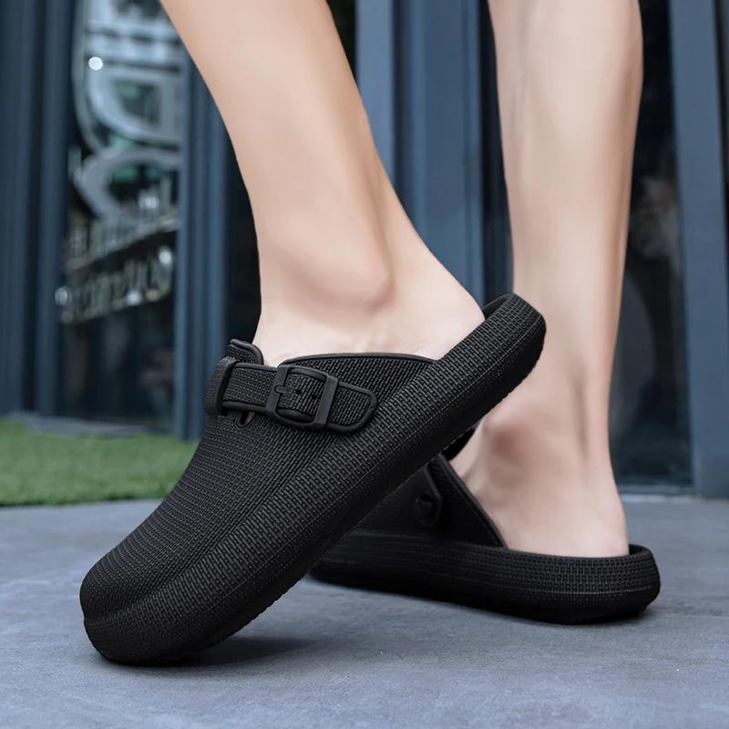 2025 New Summer Black Slippers Men's Bathroom Flip Flops Household Anti Slip Flat Shoes Outdoor Couple Flat Shoes Waterproof