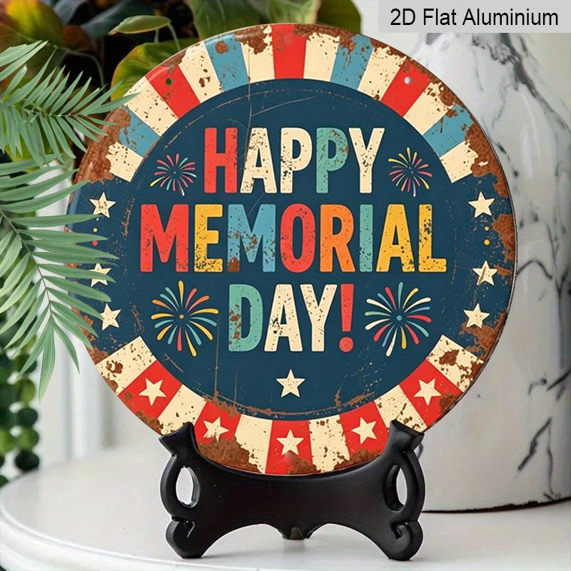 2D Flat, 1Pc Round "Happy Memorial Day" Aluminum Hanging Sign, Vintage Patriotic Firework Star Design, Rustic Metal Wall Decor, Perfect for Memorial