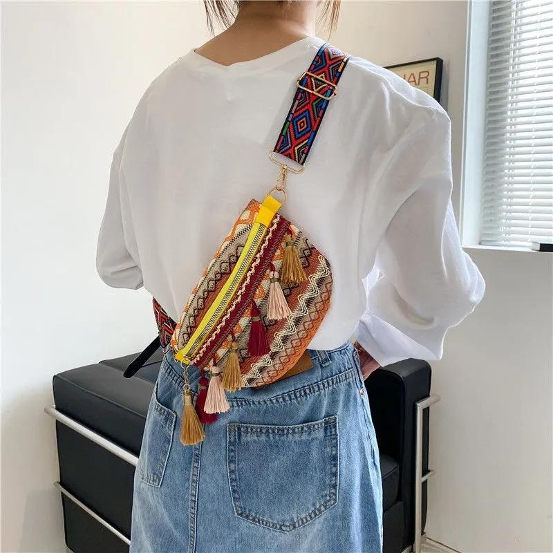 WTEMPO Ethnic Style Embroidered Tassel Waist Bags Casual Versatile Zipper Crossbody Single Shoulder Bags