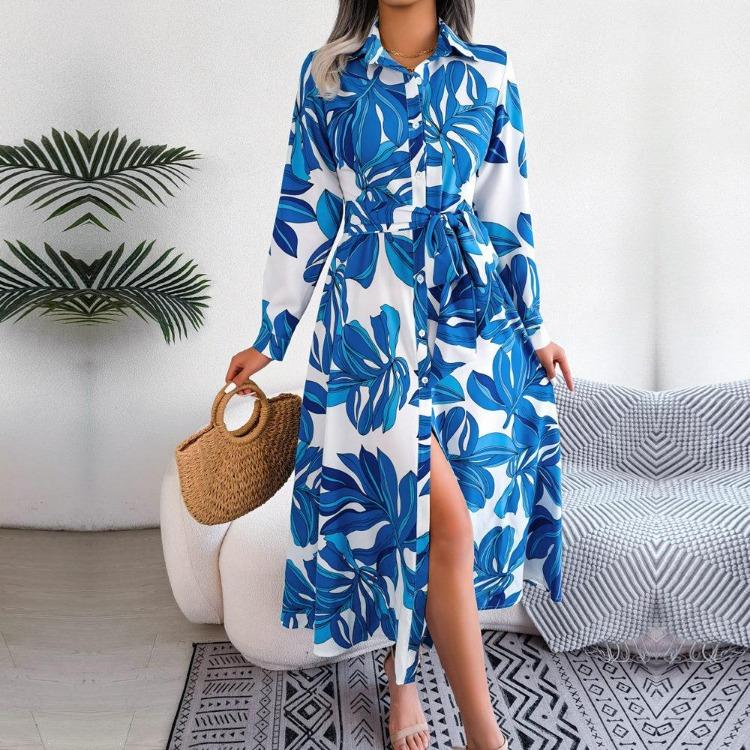 Polo Collar Shirt Dress for Women Floral Lace Up Long Dress Single Breasted Contrast Style Spring Summer Ladies Fashion