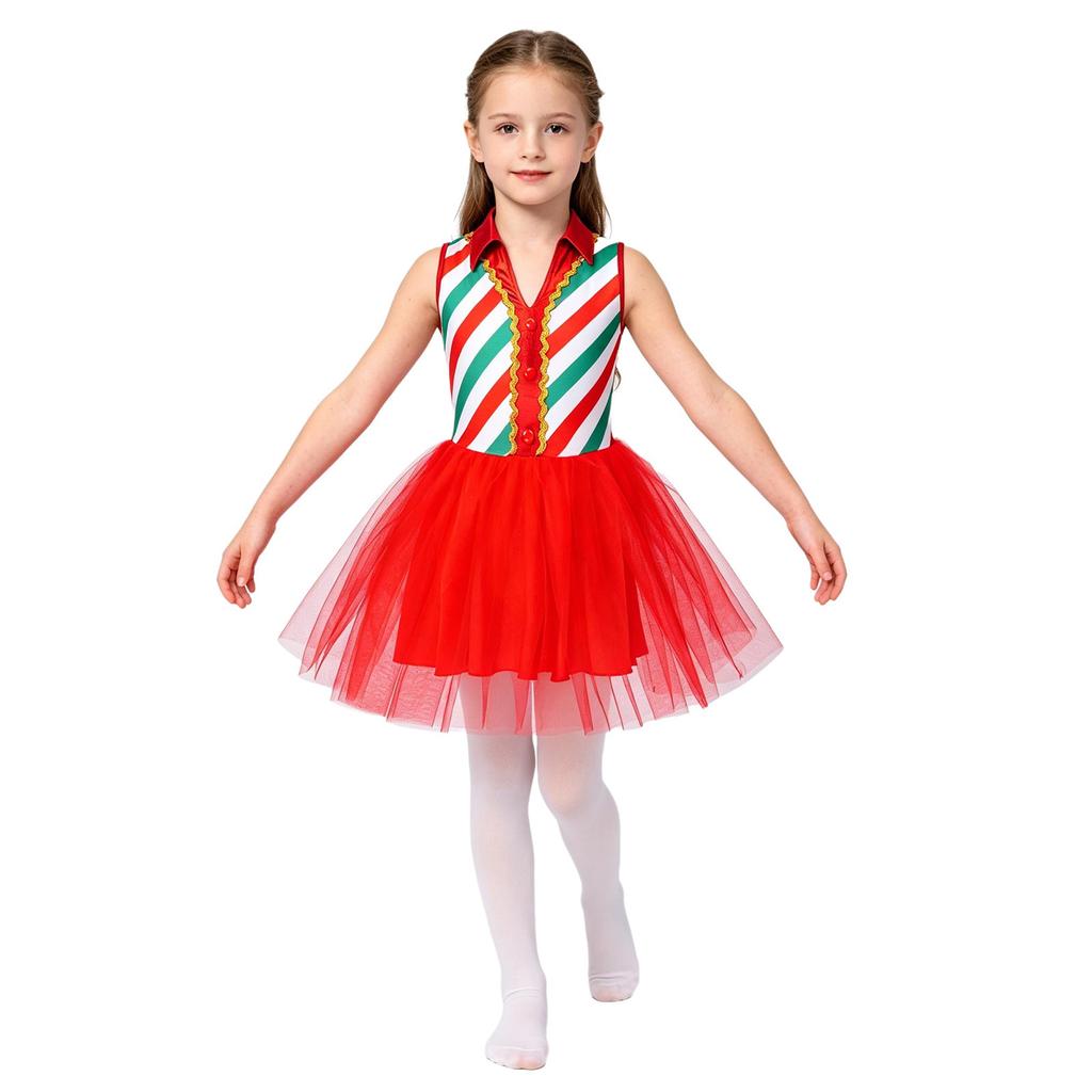 Kids Girls Christmas Costume Tulle Tutu Dress Candy Stripe Sleeveless Metallic Collar for Stage Performance Theme Party Holiday