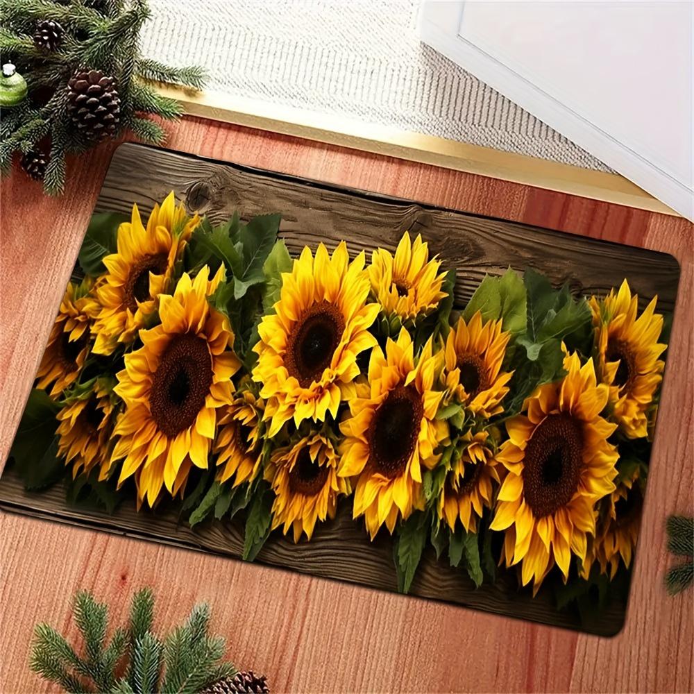 Sunflower Print Kitchen Runner Rug, Non-Slip Absorbent Floor Mat with Rustic Wood Grain, Washable Sunflower Decor for Kitchen