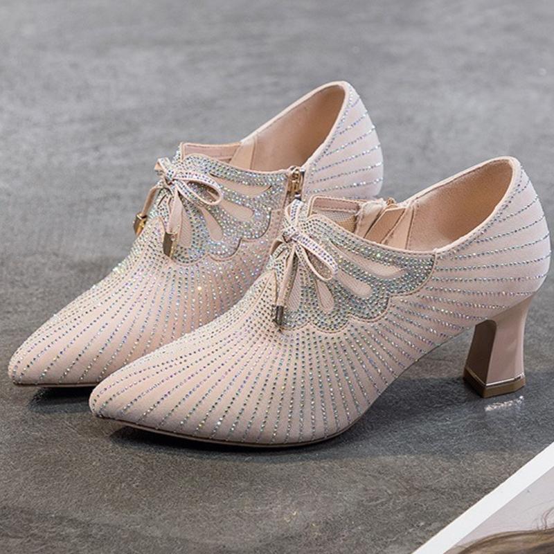 

Мода 2025 Туфли-лодочки с острым носком Женские Цветные бриллианты Бант Мелкий вырез Боковая молния Толстый каблук Для работы Новая мода Весна Осень 38 телесный