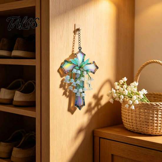 Decorative Wall Art Lily of The Valley Suncatcher, Acrylic Stained Glass Style Hanging Pendant Ornament with Metal Chain, Elegant Floral Window