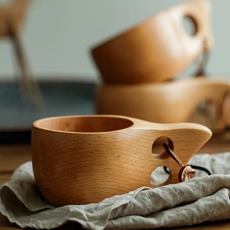 Nordic Style Wooden Camping Cup Beech Wood Cup Outdoor Hiking Backpack Cup Tea Coffee Mug Portable Travel Wooden Mug Drinkware