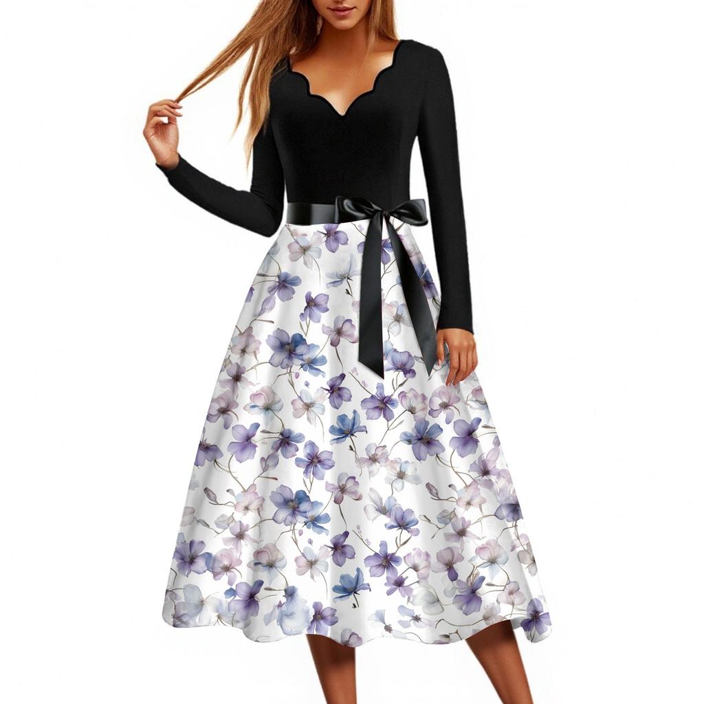 Women's Casual Fashion Floral Print Wave V Neck Vintage Dress