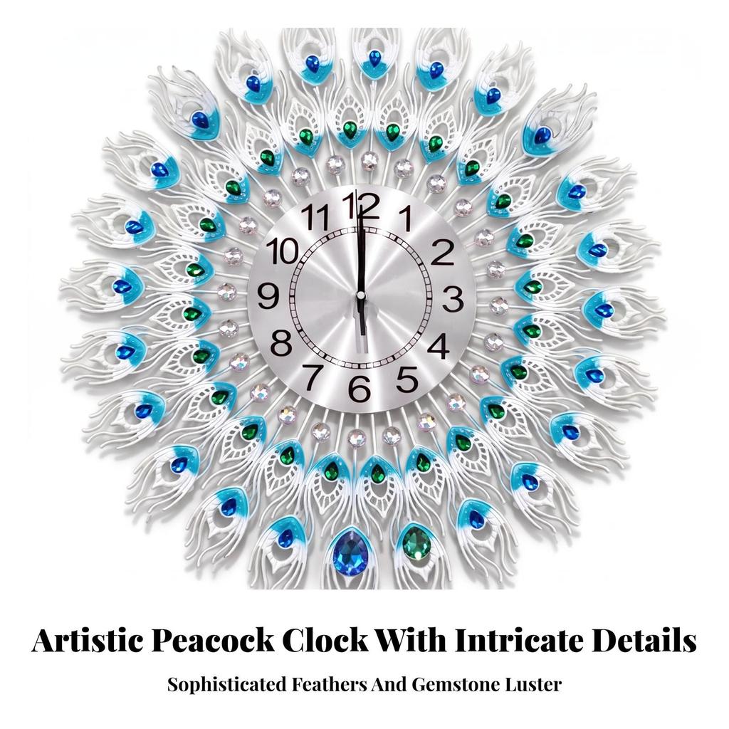 Peacock Wall Clock Non-Ticking Radial Modern Glam for Living Room