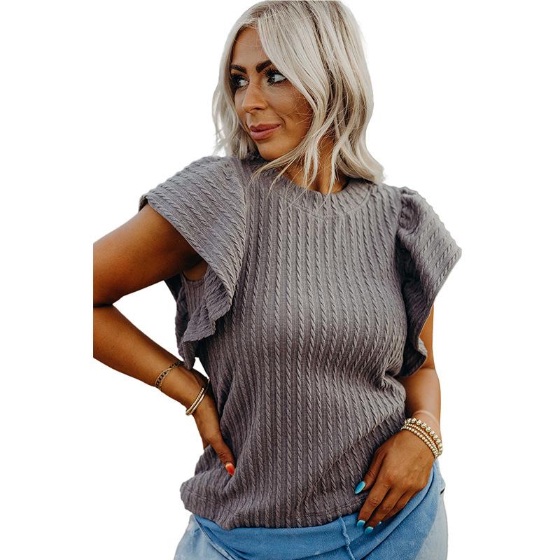 

Летний свободный вязаный топ с круглым вырезом и короткими рукавами Shiying - Женский европейский и американский стиль, Универсальный однотонный Extra Large серый