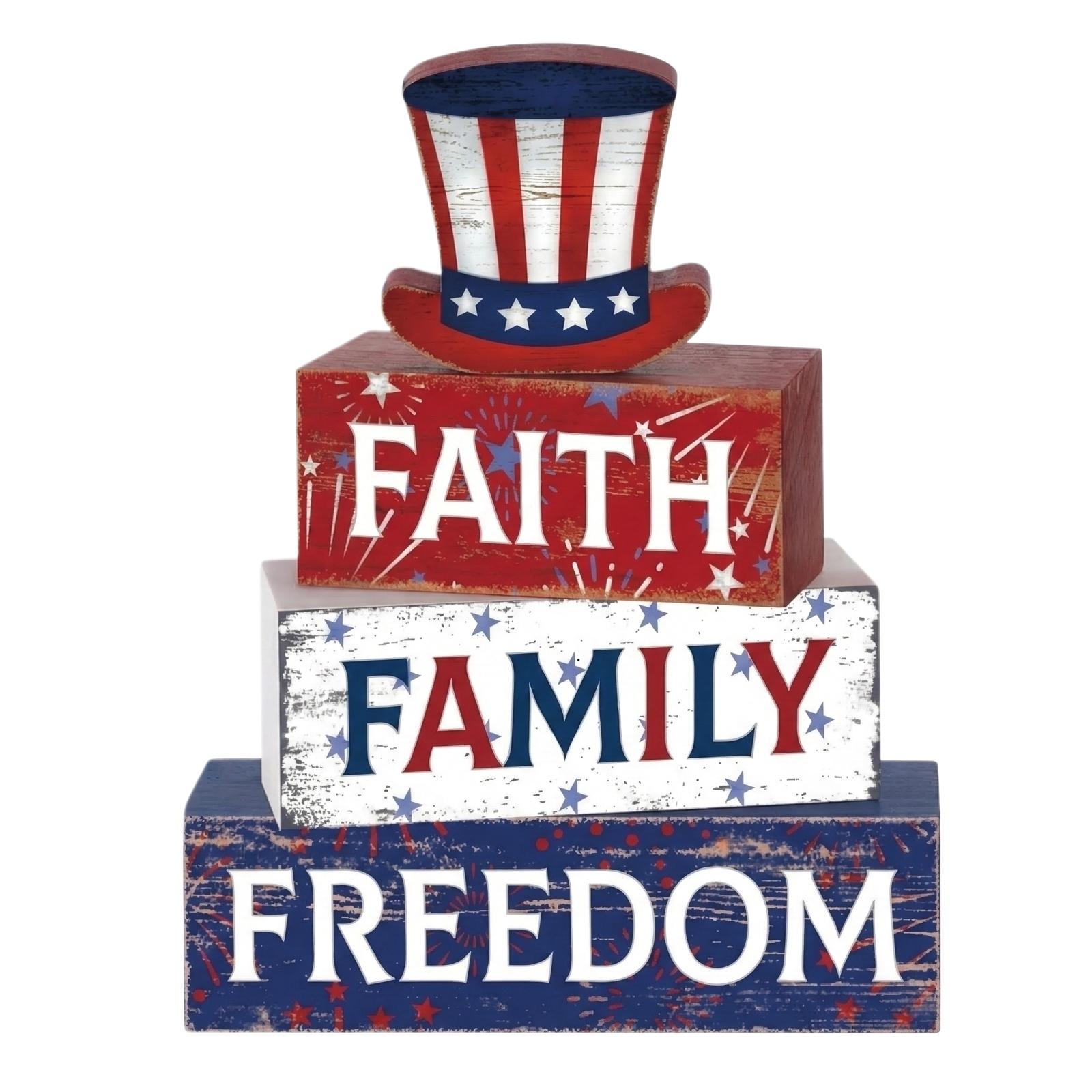 Independence Day Wooden Ornament, US  Day Vintage Distressed Home Desktop Square Letter Decorative Ornament