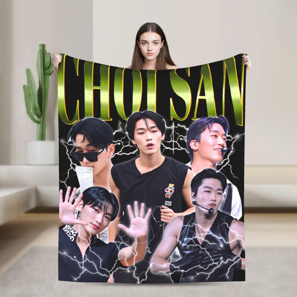 Warm Blanket Travel ATEEZ Choi San Throw Blanket  Flannel Bedspread For Couch Chair Sofa Bed Funny Sofa Bed Cover
