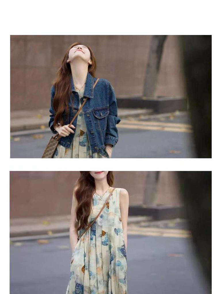 Spring 2025 Ink Print Dress & Denim Jacket Set - Age-Defying Fashion