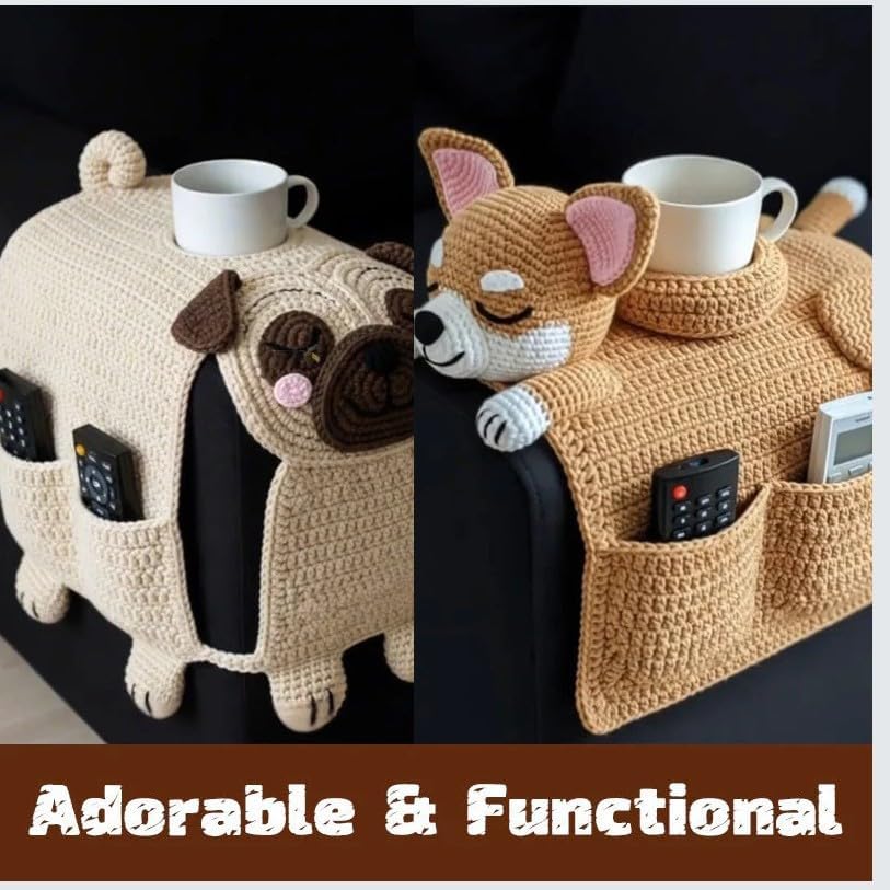 Crochet Cat Sofa Arm Organizer, Crochet Dog Sofa Organizer 2 Pockets and 1 Mug Holder, Remote Control Holder Couch, for Remote, Drink, Snacks, Phone