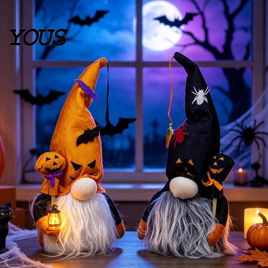 Halloween Plush Gnome Decorations Light Up Decoration, Spooky Orange Black Swedish Tomte Elf Figurine, Stuffed Fabric Figurines Cute Glowing
