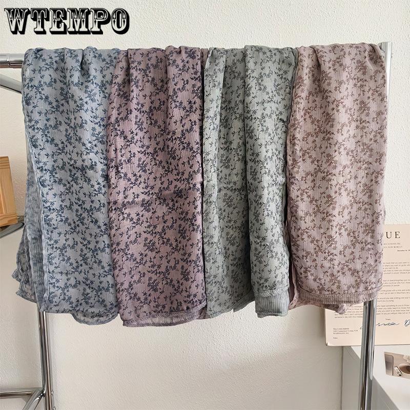 Autumn and Winter Floral Scarf Korean Version Cotton and Linen Scarf Women's Breathable Shawl Artistic Retro