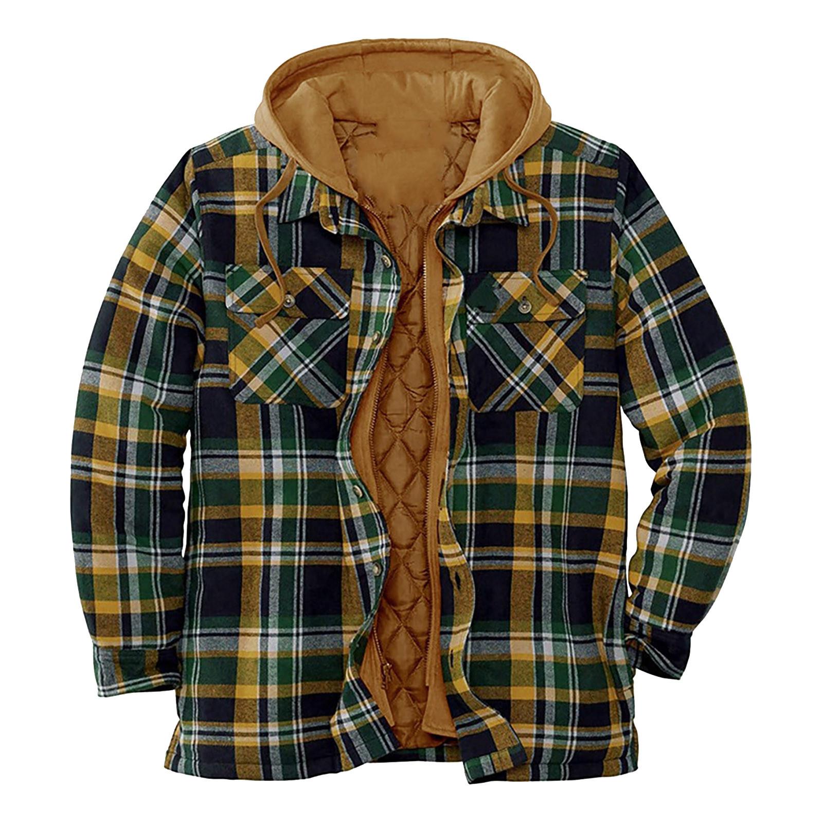 

Мужская клетчатая рубашка на стеганой подкладке на пуговицах с бархатной теплой курткой с капюшоном L
