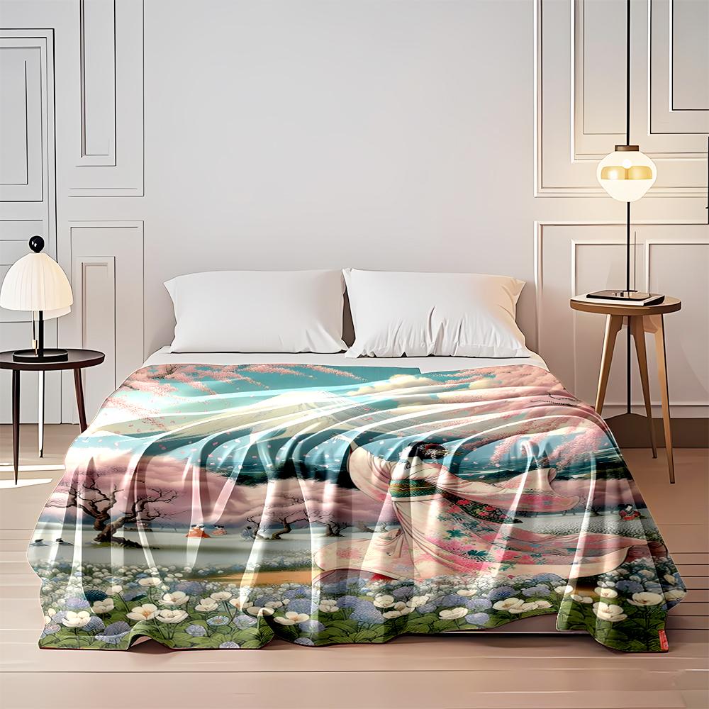 "Geisha in Cherry Blossom Garden with Mt Fuji" Flannel blanket for bedroom, living room, sofa, and nap sofas.
